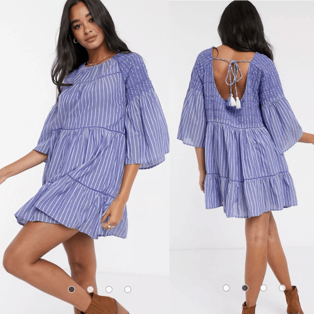 Free People Lola Boho Striped Tiered Dress Chambray Blue Embroidered Lagenlook
